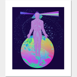 Psychedelic Earth Man Floating Prism Brain Trippy Esoteric Abstract Rainbow Tie Dye Posters and Art